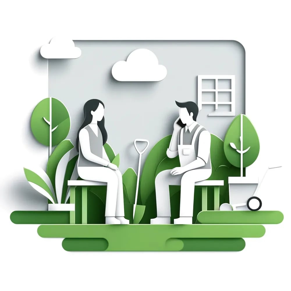 Papercraft image of a landscaper and a client on the phone