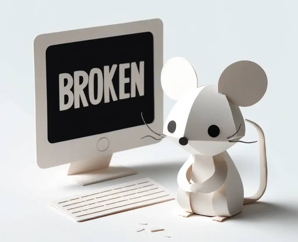 Mouse frustrated in front of a broken website after looking into landscaper advertising