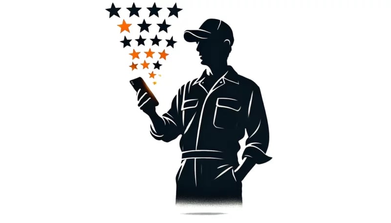 Landscaper holding a phone with stars coming out of it representing google reviews