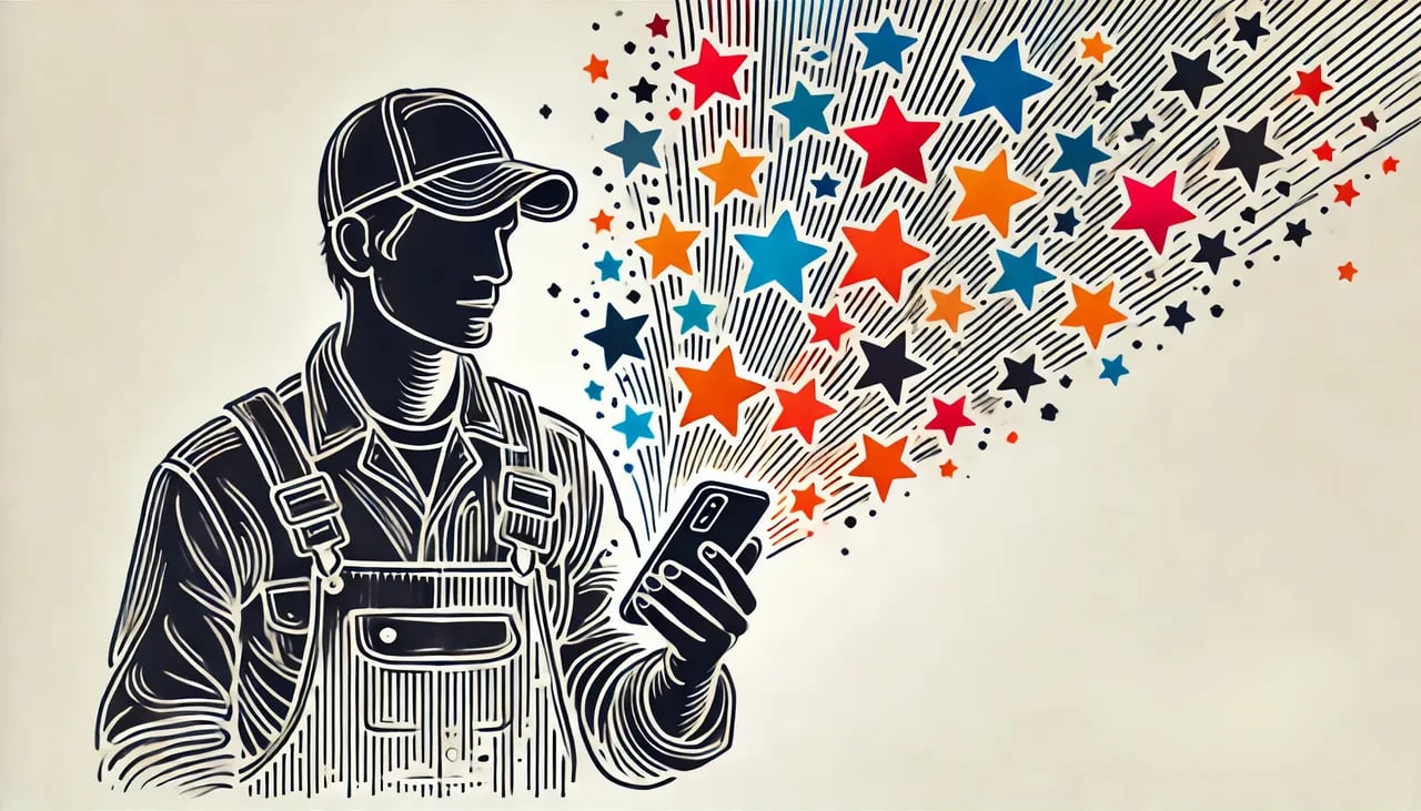 minimalist linear silhouette art of a contractor holding a smartphone, with vibrant stars bursting out to represent 5-star reviews