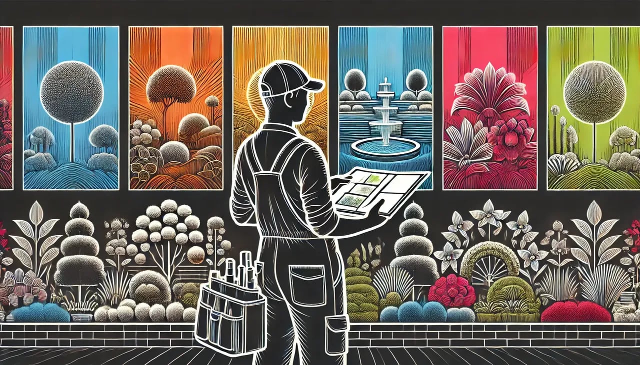  linear silhouette art representing a portfolio, with a landscaper holding an open portfolio