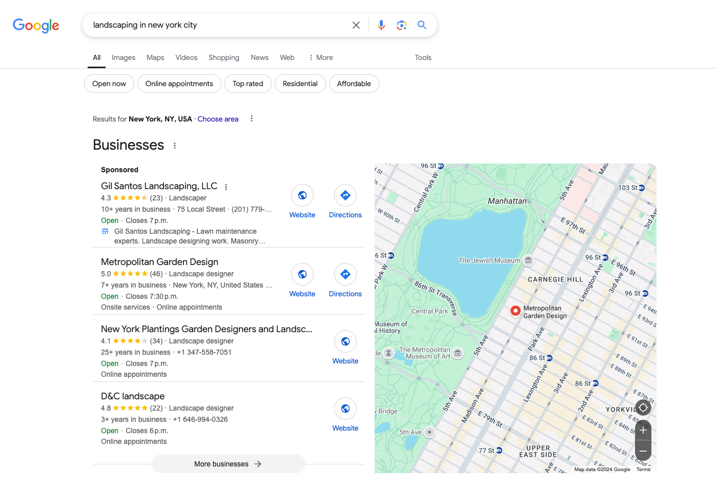 screenshot of local map pack for the search "landscaping in new york city"