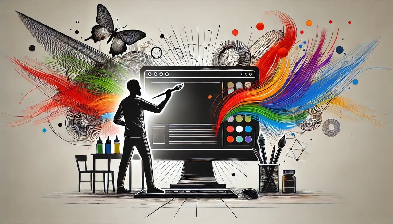 minimalist linear silhouette art of an artist painting on a computer screen, symbolizing a web designer editing a website.