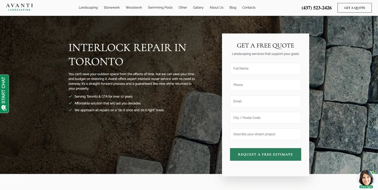 Screenshot of Avanti Landscaping Service Page